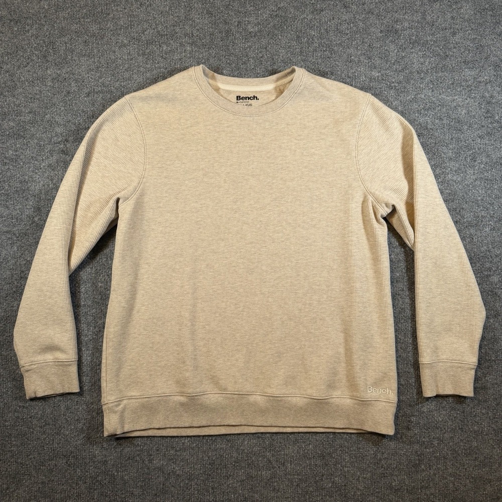 Bench Urbanwear Mens L Waffle Knit Crewneck Sweatshirt Beige Thermal Fleece